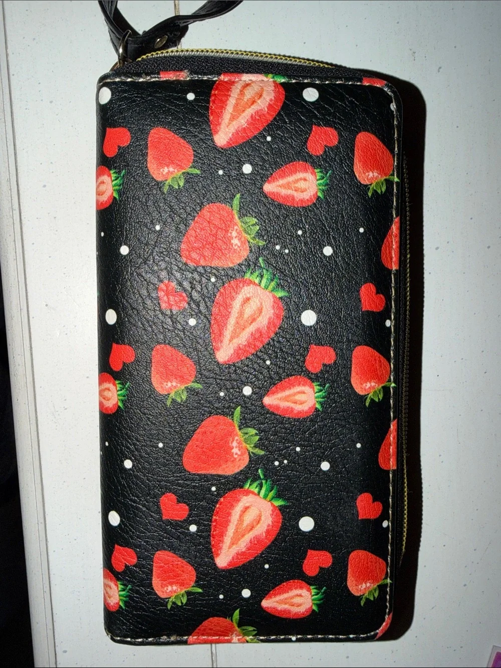 Black Strawberry Print Zip Wallet